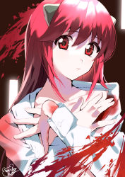  1girl absurdres blood collarbone collared_shirt commentary_request dress_shirt elfen_lied hair_between_eyes hands_up highres inushima long_sleeves looking_at_viewer lucy_(elfen_lied) nyuu red_eyes red_hair shirt signature solo upper_body white_shirt 