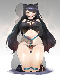  1girl absurdres animal_ears arms_behind_back ball_gag bdsm black_hair blake_belladonna blush bondage bound grabbing_another&#039;s_breast breasts cameltoe cat_ears clothes_pull crotch_rope gag gagged grabbing hand_on_another&#039;s_stomach highres kneeling large_breasts lumpychan micro_panties panties pants pants_pull rope rwby shibari skindentation solo thighs underwear yellow_eyes  rating:Questionable score:85 user:danbooru