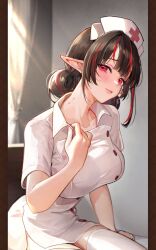  1girl 2others baity_(isekai:_slow_life) bat_(animal) bat_wings black_choker black_hair blush breasts buttons chair character_name character_profile choker cross dress garter_straps hair_bun hands_up hat isekai:_slow_life large_breasts lipstick makeup monster_girl multicolored_hair multiple_others nurse nurse_cap official_art pointy_ears red_cross red_eyes red_hair short_dress short_sleeves thighhighs vampire white_dress white_headwear white_thighhighs wings 