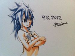 10s 1girl 2012 blue_hair breasts covering_privates covering_breasts fairy_tail female_focus genderswap genderswap_(mtf) gradient_background gray_fullbuster long_hair mashima_hiro nude signature smile solo tattoo topless_frame upper_body rating:Questionable score:28 user:jojosstand
