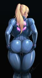  1girl absurdres ass ass_grab ass_support back backboob black_background blonde_hair blue_bodysuit bodysuit breasts cameltoe deep_skin devilhs from_behind grabbing_own_ass hands_on_ass hands_on_own_ass highres huge_ass impossible_bodysuit impossible_clothes large_breasts long_hair metroid nintendo samus_aran shiny_clothes simple_background skin_tight solo zero_suit  rating:Questionable score:226 user:danbooru