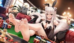  3girls :q ahoge animal_ear_fluff animal_ears barefoot black_bow black_bowtie black_eyes black_nails blurry blurry_background blush bow bowtie breasts casino_(casinoep) commentary_request crossed_ankles detached_collar ear_piercing fake_animal_ears feet feet_on_table foot_focus foreshortening gun hair_between_eyes holding holding_gun holding_weapon hololive indoors large_breasts leotard lion_ears long_hair looking_at_viewer momosuzu_nene multiple_girls nail_polish off_shoulder omaru_polka piercing playboy_bunny poker_chip rabbit_ears shishiro_botan sleeves_past_wrists soles solo_focus ssrb_(shishiro_botan) strapless strapless_leotard toenail_polish toenails toes tongue tongue_out virtual_youtuber weapon white_hair  rating:Sensitive score:105 user:danbooru