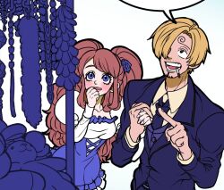 1boy 1girl blonde_hair blue_dress blue_eyes blue_jacket blush brown_hair charlotte_pudding cigarette cross-laced_clothes cross-laced_dress curly_eyebrows dress holding_hands jacket juliet_sleeves long_hair long_sleeves mouth_hold one_piece open_mouth puffy_sleeves rita_ya sanji_(one_piece) short_hair smile twintails