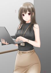  1girl ai_kisaragi bare_arms bare_shoulders belt black_shirt breasts brown_eyes brown_hair brown_skirt closed_mouth commentary_request computer hair_over_shoulder highres holding holding_laptop id_card indoors laptop light_smile long_hair looking_at_viewer office_lady original shirt shirt_tucked_in skirt sleeveless sleeveless_shirt sleeveless_turtleneck smile solo standing turtleneck turtleneck_shirt watch wristwatch 