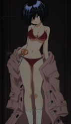  1girl absurdres bikini black_hair breasts cleavage coat collarbone facing_viewer green_eyes hair_over_one_eye highres jacket legs navel nazo_no_kanojo_x overcoat red_bikini scissors screencap socks solo stitched swimsuit thigh_gap third-party_edit undressing urabe_mikoto  rating:Questionable score:122 user:Newten