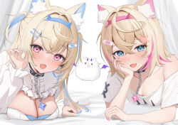  2girls :d absurdres animal_collar animal_ear_fluff animal_ears bandaid bandaid_hair_ornament blonde_hair blue_hair blue_hairband blue_nails blush breasts cleavage cleavage_cutout clothing_cutout collar collarbone commentary crop_top cropped_shirt crossed_bangs dog_ears dog_girl dog_tail double-parted_bangs english_commentary fake_horns fang frilled_shirt_collar frills fuwawa_abyssgard hair_between_eyes hair_intakes hair_ornament hairband hairclip hand_up highres hololive hololive_english horn_hairband horns large_breasts light_brown_hair long_hair long_sleeves looking_at_viewer lying medium_hair melvis mococo_abyssgard mococo_abyssgard_(1st_costume) multicolored_hair multiple_girls on_stomach open_mouth perroccino_(fuwamoco) pink_eyes pink_hair pink_nails shirt siblings single_off_shoulder sisters skin_fang small_breasts smile spiked_collar spikes streaked_hair tail twins two_side_up virtual_youtuber white_background white_shirt x_hair_ornament 