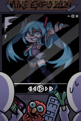  1girl absurdres aqua_hair aqua_nails artist_name black_sleeves cellphone commentary detached_sleeves elmo english_commentary hatsune_miku hatsune_miku_expo highres long_hair looking_at_viewer media_player_interface necktie nervous_smile nervous_sweating outstretched_arm pause_button phone play_button progress_bar project_sekai sesame_street shaded_face smartphone smile solo_focus spring_onion super_nh sweat television thighhighs twintails very_long_hair vocaloid 