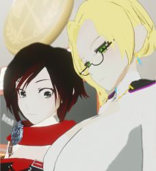  2girls black_hair breast_envy breasts cape cleavage foxyrenart glasses glynda_goodwitch green_eyes grey_eyes large_breasts meme multiple_girls girl_staring_at_guys_chest_(meme) ruby_rose rwby teacher_and_student  rating:Sensitive score:23 user:Foxyrenart