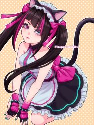  1girl alternate_costume animal_ears apron artist_name black_hair blue_nails cat_ears closed_mouth commentary diagonal_bangs enmaided eyelashes fake_animal_ears fake_tail frilled_skirt frills han_juri hepu2rabbits_(epuusa) heterochromia highres looking_at_viewer maid maid_apron maid_headdress multicolored_hair pink_hair pink_lips sitting skirt solo streaked_hair street_fighter street_fighter_6 symbol-only_commentary tail twintails twitter_username two-tone_hair yellow_background 
