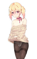 1boy bad_id bad_pixiv_id bare_shoulders blonde_hair blush clothes_lift clothes_pull crossdressing lifted_by_self male_focus nipples original panties panties_under_pantyhose pantyhose red_eyes short_hair short_twintails solo sweater sweater_lift sweater_pull tama_(tamatamo) thighband_pantyhose trap twintails underwear rating:Questionable score:47 user:danbooru