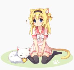  ! 1girl animal_ear_fluff animal_ears bell black_hairband blonde_hair blush bow cat_ears cat_girl cat_tail chestnut_mouth chitose_sana cofetaru commentary double_bun fox full_body hair_between_eyes hair_bun hair_intakes hairband jingle_bell long_hair looking_at_viewer looking_to_the_side miniskirt neck_bell no_shoes open_mouth own_hands_together paw_print pink_shirt pink_skirt pleated_skirt red_sailor_collar rindou_ruri sailor_collar school_uniform serafuku shirt short_sleeves simple_background sitting skirt solo tail tareme tenshinranman thighhighs two_side_up v_arms wariza white_background white_bow yellow_tail zettai_ryouiki 