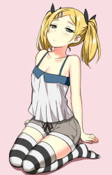 10s 1girl arm_support bare_shoulders black_eyes blonde_hair blush breasts camisole cleavage feet full_body hair_ornament hair_ribbon hairclip half-closed_eyes highres long_hair looking_at_viewer mole mole_under_eye pink_background ribbon seiza shirobako shorts sitting sky-freedom small_breasts soles solo striped_clothes striped_thighhighs thighhighs thighs twintails yano_erika rating:Sensitive score:103 user:danbooru