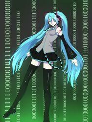  1girl aqua_eyes aqua_hair aqua_necktie binary black_skirt boots breasts closed_mouth commentary_request full_body gradient_background green_background grey_shirt hatsune_miku headset highres kakone long_hair looking_at_viewer necktie number_background shirt skirt sleeveless sleeveless_shirt small_breasts solo thigh_boots twintails very_long_hair vocaloid 