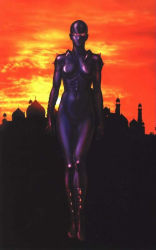  1980s_(style) 1girl bodysuit breasts city cloud cyborg dome facing_viewer female_focus full_body knee_pads lady_armaroid looking_at_viewer mask oldschool outdoors retro_artstyle shadow shoulder_pads skin_tight sky solo space_adventure_cobra spikes standing sunset terasawa_buichi tower 
