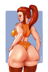  1girl arteria arteria_(artist) artist_name ass blue_background body_freckles border bra breasts brigitte_(overwatch) brown_eyes brown_hair brown_thighhighs cowboy_shot eyebrows freckles from_behind huge_ass long_hair looking_back matching_hair/eyes outside_border overwatch overwatch_1 panties ponytail skindentation solo tattoo thick_thighs thighhighs thighs tight_clothes underwear white_border 
