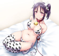  1girl all_fours animal_ears animal_print arm_support bare_shoulders bed bed_sheet bell belt bikini blush breasts cleavage collar collarbone corner cow_ears cow_print cow_print_bikini cow_tail elbow_gloves fake_animal_ears fake_horns female_focus from_above gloves groin hairband halterneck highres horns indoors kazuno_sarah large_breasts leash looking_at_viewer love_live! love_live!_sunshine!! navel neck_bell on_bed parted_bangs print_bikini purple_eyes purple_hair side-tie_bikini_bottom side_ponytail sidelocks solo swimsuit tail thighhighs underboob white_bikini white_thighhighs yopparai_oni  rating:Sensitive score:57 user:danbooru