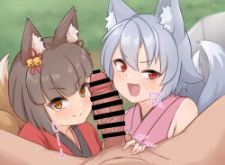  1boy 2girls :3 animal_ear_fluff animal_ears bar_censor bell blunt_bangs blush brown_eyes brown_hair censored closed_mouth clothed_female_nude_male commentary_request dougi erection fang ffm_threesome foliage fox_ears fox_girl fox_tail grass grey_hair group_sex hair_bell hair_between_eyes hair_ornament half-closed_eye heart highres japanese_clothes jingle_bell kamuro_(mon-musu_quest!) kazami_windy kimono kitsu_(mon-musu_quest!) loli looking_at_viewer mon-musu_quest! multiple_girls multiple_tails nude open_mouth outdoors penis pov red_eyes red_kimono short_hair smile sound_effects squeezing_testicles sweatdrop tail testicles threesome v-shaped_eyebrows veins veiny_penis 