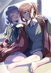  2girls artistic_error asagumo_(kancolle) ascot blanket bow bowtie brown_hair closed_eyes collared_shirt commentary_request green_bow green_bowtie grey_eyes grey_hair grey_jacket grey_skirt grin hair_ribbon highres jacket kantai_collection long_hair metadio multiple_girls one_eye_closed ribbon school_uniform serafuku shirt skirt smile twintails wrong_foot yamagumo_(kancolle) 