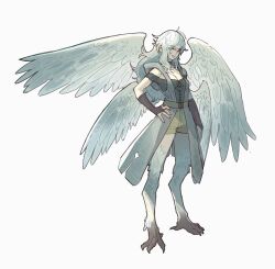  1girl absurdres animal_legs blue_eyes commission feathered_wings feathers full_body grin hand_on_own_hip highres long_hair looking_at_viewer monster_girl multiple_wings original pointy_ears shorts smile solo somersaultdropkick standing talons white_background white_hair wings 