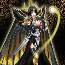  1girl absurdres armor black_hair breasts cleavage duel duel_monster female_focus gloves highres number_39:_utopia personification protect823 red_eyes smile solo star_(symbol) sword thighhighs weapon yu-gi-oh!  rating:Sensitive score:13 user:protect823