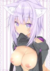 1girl animal_ears bad_id bad_pixiv_id blush breasts cat_ears cleavage clothes_lift collarbone commentary highres hololive jacket lapsuswolf large_breasts lifting_own_clothes looking_at_viewer nekomata_okayu nekomata_okayu_(1st_costume) nipples nude portrait purple_eyes shirt_lift solo virtual_youtuber rating:Questionable score:113 user:danbooru