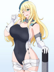  1girl aqua_hat atago_(kancolle) black_one-piece_swimsuit blonde_hair breasts candy chupa_chups competition_swimsuit cosplay cowboy_shot food garrison_cap gloves green_eyes hair_between_eyes hair_ornament hat highleg highleg_swimsuit highres kantai_collection lactone large_breasts lollipop long_hair looking_at_viewer multicolored_clothes multicolored_swimsuit one-piece_swimsuit open_mouth scamp_(kancolle) scamp_(kancolle)_(cosplay) short_shorts shorts smile solo star_(symbol) star_hair_ornament swimsuit torpedo two-tone_swimsuit white_background white_gloves white_shorts 