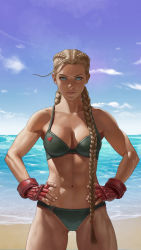  abs beach blonde_hair blue_eyes braid breasts cammy_white collarbone hands_on_own_hips highres muscular muscular_female street_fighter toned twin_braids underwear  rating:Questionable score:28 user:2dkun