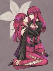  2girls black_capelet breasts capelet cleavage commentary_request devola dress expressionless closed_eyes facing_another female_focus from_side full_body green_eyes high_heels hug kneeling long_hair long_sleeves looking_at_another lunar_tear multiple_girls nier nier_(series) popola red_dress red_hair siblings sisters twins yuri  rating:Sensitive score:12 user:danbooru