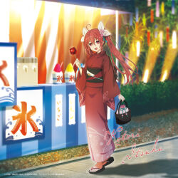 1girl bow character_name date_a_live hair_bow highres itsuka_kotori japanese_clothes kimono light obi official_art open_mouth red_eyes red_hair red_kimono road sandals sash shadow solo tanabata tanzaku wide_sleeves zouri rating:General score:5 user:danbooru