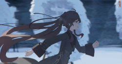  1girl ahoge blurry blurry_background brown_hair commentary_request day depth_of_field from_side genshin_impact highres hu_tao_(genshin_impact) long_hair looking_to_the_side parted_lips red_eyes running sidelocks solo standing sunlight upper_body void_0  rating:General score:15 user:danbooru