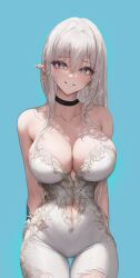  1girl artist_request bare_shoulders blue_eyes breasts cleavage cowboy_shot elf highres large_breasts long_hair looking_at_viewer pointy_ears smile solo source_request tagme white_hair  rating:Questionable score:37 user:starfoxess
