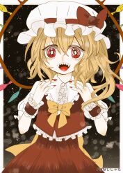 1girl back_bow blonde_hair border bow bowtie collared_shirt cowboy_shot dark_background flandre_scarlet frilled_shirt_collar frilled_vest frills hair_between_eyes hat hat_bow hat_ribbon long_ha mob_cap nail_polish one_side_up open_mouth puffy_short_sleeves puffy_sleeves red_bow red_eyes red_nails red_ribbon red_skirt red_vest ribbon ribbon-trimmed_headwear ribbon_trim sharp_teeth shirt shishamo_(memehituji02) short_sleeves skirt skirt_set solo star_(symbol) starry_background symbol-shaped_pupils teeth touhou upper_teeth_only vest white_border white_hat white_shirt wrist_cuffs yellow_bow yellow_bowtie 
