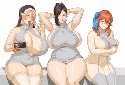  3girls absurdres accessories arm_under_breasts arms_up black_hair blue_eyes blue_hair blush breasts closed_mouth clothing_aside curvy denisse_(aster_crowley) elf glasses hand_up highres holding holding_phone huge_breasts ictiwinter large_breasts looking_at_viewer materclaws mature_female meme_attire mole mole_on_breast mole_under_eye mole_under_mouth multiple_girls nun open_mouth orange_eyes phone pink_hair pointy_ears red_hair simple_background smile thick_thighs thighhighs thighs thong_aside virgin_destroyer_sweater virgin_killer_sweater white_background white_thighhighs  rating:Questionable score:131 user:danbooru