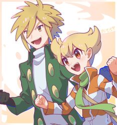 2boys :d artist_name barry_(pokemon) black_gloves blonde_hair clenched_hands coat creatures_(company) father_and_son game_freak gloves green_coat green_scarf high_collar highres jacket long_sleeves multiple_boys nintendo omochi_(omotimotittona3) open_clothes open_coat open_mouth orange_eyes palmer_(pokemon) pokemon pokemon_dppt pokemon_platinum scarf shirt short_hair smile striped_clothes striped_jacket teeth upper_teeth_only white_shirt yellow_eyes 