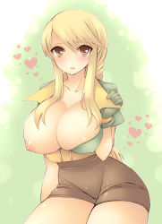 1girl agrias_oaks blonde_hair breast_slip breasts brown_eyes class_change final_fantasy final_fantasy_tactics gloves huge_breasts nipples one_breast_out open_clothes open_shirt pocopoco shirt shorts solo thief_(fft) rating:Questionable score:49 user:danbooru