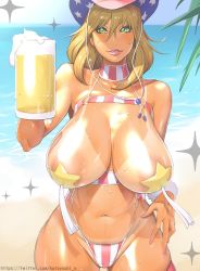 1girl alcohol areola_slip beach beer beer_mug bikini_tan blonde_hair blush breasts contrapposto cowboy_hat cowboy_shot cup green_eyes hat highres huge_breasts kotoyoshi_yumisuke large_areolae large_breasts lipstick long_hair looking_at_viewer makeup mug nail_polish o-ring o-ring_swimsuit ocean one-piece_swimsuit outdoors parted_lips pasties pink_lips pink_nails pink_one-piece_swimsuit shiny_skin skindentation solo sparkle standing star_pasties striped sweat swimsuit tan tanline tassel vertical_stripes rating:Questionable score:73 user:jojosstand
