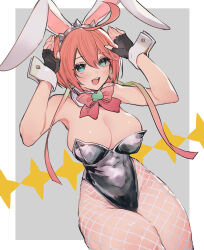  1girl ahoge animal_ears armpits arms_up bare_shoulders black_gloves black_leotard blush bow bowtie breasts bunny_day cleavage elphelt_valentine fake_animal_ears fingerless_gloves fishnet_pantyhose fishnets gloves guilty_gear guilty_gear_xrd hairband highleg highleg_leotard highres huge_ahoge large_breasts leotard open_mouth oro_(sumakaita) pantyhose pink_bow pink_bowtie pink_hair playboy_bunny rabbit_ears short_hair sleeveless solo spiked_hairband spikes wrist_cuffs 
