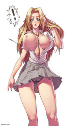  ! 1girl accidental_exposure adjusting_hair between_breasts bleach blonde_hair blue_eyes blush bouncing_breasts breasts bursting_breasts buttons cameltoe chain curvy embarrassed highres huge_breasts lipstick long_hair makeup matsumoto_rangiku mole mole_under_mouth motion_blur nipples no_bra panties pantyshot popped_button pubic_hair school_uniform see-through skirt solo speh surprised unbuttoned underwear very_long_hair wardrobe_malfunction wind wind_lift  rating:Questionable score:174 user:BlueBaroness