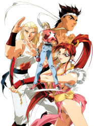 1990s_(style) 1girl 3boys andy_bogard bare_shoulders baseball_cap belt black_hair blonde_hair blue_eyes breasts breasts_apart bridal_gauntlets brothers brown_eyes cleavage clenched_hand converse denim earrings eyebrows fatal_fury fighting_stance fingerless_gloves floating_hair folding_fan from_behind from_side frown gloves hair_ribbon hand_fan hat unworn_hat headband unworn_headwear high_ponytail highres holding japanese_clothes jeans jewelry joe_higashi kimono large_breasts light_smile lipstick long_hair looking_at_viewer low-tied_long_hair low_ponytail makeup multi-tied_hair multiple_boys muscular narrow_waist ninja no_bra official_art oobari_masami outstretched_arm panties pants pantyshot pelvic_curtain ponytail red_hair retro_artstyle ribbon rope sash scan serious shiranui_mai shoes short_hair short_kimono siblings sideboob sidelocks signature simple_background smile sneakers snk star_(symbol) star_print string_panties tan tank_top tassel terry_bogard the_king_of_fighters thick_eyebrows topless_male torn_clothes underwear very_long_hair vest white_background white_panties rating:Sensitive score:16 user:danbooru