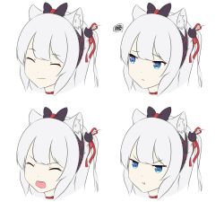  1girl :t animal_ear_fluff animal_ears azur_lane black_bow blood blue_eyes bow cat_ears cat_hair_ornament closed_eyes closed_mouth commentary expressions grey_hair hair_bow hair_ornament hair_ribbon hammann_(azur_lane) highres long_hair multiple_views one_side_up open_mouth pout red_ribbon ribbon simple_background spoken_squiggle squiggle v-shaped_eyebrows wavy_mouth white_background yuujoduelist 