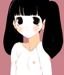  1girl black_eyes black_hair blunt_bangs breasts closed_eyes collarbone kyuu_(pinpo) low_twintails original pink_background simple_background small_breasts solo twintails 