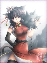  1girl animal_ears ball_and_chain_(weapon) bell black_hair breasts cat_ears cat_tail chain china china_dress chinese_clothes dress elbow_gloves gisarme gloves hairband hand_on_own_hip hat highres hip_focus impossible_clothes impossible_shirt jingle_bell large_breasts mace pink_eyes shirt solo spiked_ball_and_chain spikes tail thighhighs weapon 