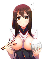 1girl ? akagi_(kancolle) akino_sora blush breasts breasts_out brown_eyes brown_hair chopsticks cosplay female_focus highres japanese_clothes kantai_collection large_breasts long_hair looking_at_viewer nipples personification smile solo taihou_(kancolle)_(cosplay) taihou_(kancolle) rating:Questionable score:36 user:danbooru
