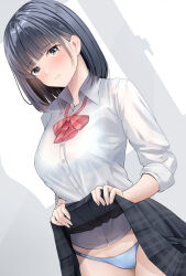  1girl black_hair black_skirt blue_bra blue_panties blunt_bangs blush bra bra_visible_through_clothes brown_eyes closed_mouth clothes_lift collared_shirt commentary_request iwanishi lifted_by_self long_sleeves looking_at_viewer lowleg lowleg_panties medium_hair original panties pleated_skirt school_uniform see-through shirt shirt_tucked_in skirt skirt_lift sleeves_rolled_up solo standing underwear uniform white_shirt 