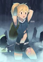  2boys adjusting_hair adventure_time armpits backpack bag blonde_hair boxer_briefs bulge cameltail cave cave_interior colored_skin english_text fern_(adventure_time) finn_the_human fixing_hair foreskin glaring green_skin half-erect hat highres light_blush long_hair looking_at_another looking_at_viewer male_focus male_underwear mechanical_arms multiple_boys navel notice_lines open_mouth parted_lips penis penis_out penis_peek ra4s rock rocks shirt short_hair shorts single_mechanical_arm teeth testicles torn_clothes torn_shirt trap underwear upper_teeth_only wardrobe_malfunction water wet white_headwear 