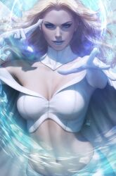  1girl blonde_hair blue_eyes blue_lips breasts cape cleavage commentary crop_top elbow_gloves emma_frost english_commentary finger_to_head gloves highres large_breasts long_hair looking_at_viewer magic marvel midriff navel pants shirt signature stanley_lau telepathy upper_body white_cape white_gloves white_pants white_shirt x-men 
