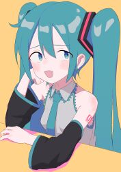 1girl absurdres blue_eyes blue_hair breasts collared_shirt detached_sleeves dokokanokabi elbow_rest fang hatsune_miku highres long_hair long_sleeves looking_to_the_side necktie open_mouth shirt sleeveless sleeveless_shirt small_breasts smile solo twintails vocaloid yellow_background 