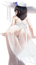  1girl absurdres ass ass_focus bad_hands bent_over bikini black_hair blush commentary feet_out_of_frame from_behind gnlibur goddess_of_victory:_nikke hair_over_shoulder hat highres large_hat long_hair mary_(bay_goddess)_(nikke) mary_(nikke) official_alternate_costume parted_lips purple_eyes see-through sideways_mouth simple_background smile solo standing sun_hat swimsuit swimsuit_cover-up unusually_open_eyes wet wet_bikini white_background white_bikini white_hat 