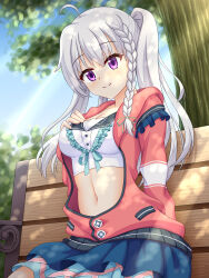  1girl 9-nine- ahoge bench blue_skirt blue_sky braid breasts cardigan closed_mouth cowboy_shot crop_top cropped_shirt from_below green_ribbon grey_hair hand_on_own_chest highres long_hair long_sleeves medium_breasts navel niimi_sora open_cardigan open_clothes pleated_skirt purple_eyes red_cardigan ribbon shirt side_ponytail single_braid sitting skirt sky smile solo tamba_i tree white_shirt 