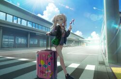  1girl airport bag black_footwear black_jacket blonde_hair blue_eyes blue_hair blue_sky checkered_shorts closed_mouth cloud collarbone crosswalk cumulonimbus_cloud flower game_cg gradient_hair green_bag grey_shorts hair_flower hair_ornament high-waist_shorts highres holding holding_removed_eyewear holding_suitcase jacket komatsu_airport lamppost leather leather_jacket lens_flare light_blue_hair link!_like!_love_live! long_hair long_sleeves looking_to_the_side love_live! multicolored_hair official_art osawa_rurino parted_bangs pink_flower pink_shirt real_world_location rolling_suitcase shirt shoes short_shorts shorts shoulder_bag sky smile solo suitcase sunglasses sunlight third-party_source twintails unworn_eyewear virtual_youtuber walking 